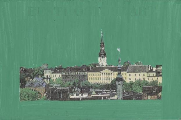 Stadtansicht mit grünem Hintergrund, die Gebäude und Bäume zeigt.