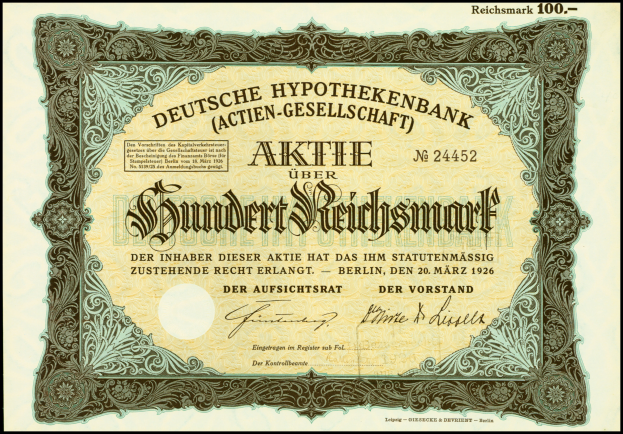 Eine alte deutsche Banknote mit schwarzem Rand, die das Porträt eines Mannes und den Text "Deutsche Hypothekenbank Aktiengesellschaft" zeigt.