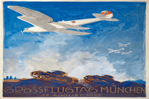 Plakat wirbt für eine Luftschau in München am 25. August 1935, das ein Flugzeug im Flug mit anderen Flugzeugen im Hintergrund zeigt.