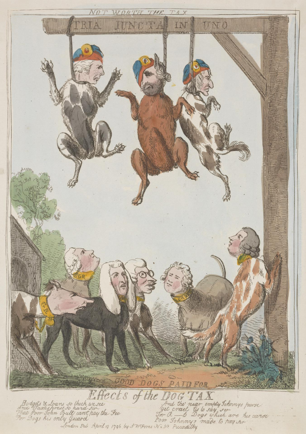 Ein Blatt Papier mit einer Zeichnung einer Gruppe von Menschen und Tieren, darunter ein Hund, der an einem Holzpfahl hängt, mit Text über die Auswirkungen der Hundesteuer.