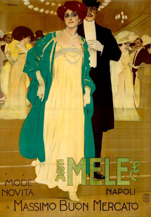 Ein Plakat, das eine Modevorstellung mit einer Frau in einem weißen Kleid und einem Mann in einem schwarzen Anzug ankündigt, mit beschreibendem Text.