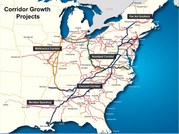 Plakat mit dem Titel "Corridor Growth Projects" mit einer detaillierten U.S.-Karte mit hervorgehobenen Straßen und Highways auf einem hellblauen Hintergrund.