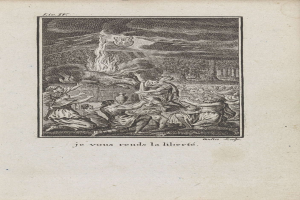 Ein aufgeschlagenes Buch zeigt eine Zeichnung von besorgten Menschen, die sich um ein helles Feuer versammelt haben, mit der fetten Schrift "Je vous rends la liberté" darüber.