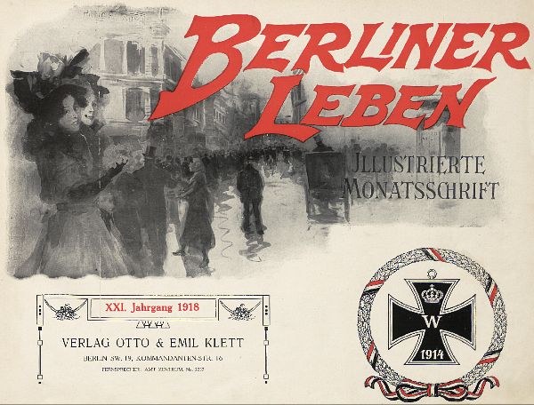 Titelbild eines alten Buches namens "Berliner Leben" mit einer Gruppe von Menschen in einer feierlichen Szenerie, begleitet von Text und einem Logo mit militärischem Bezug.