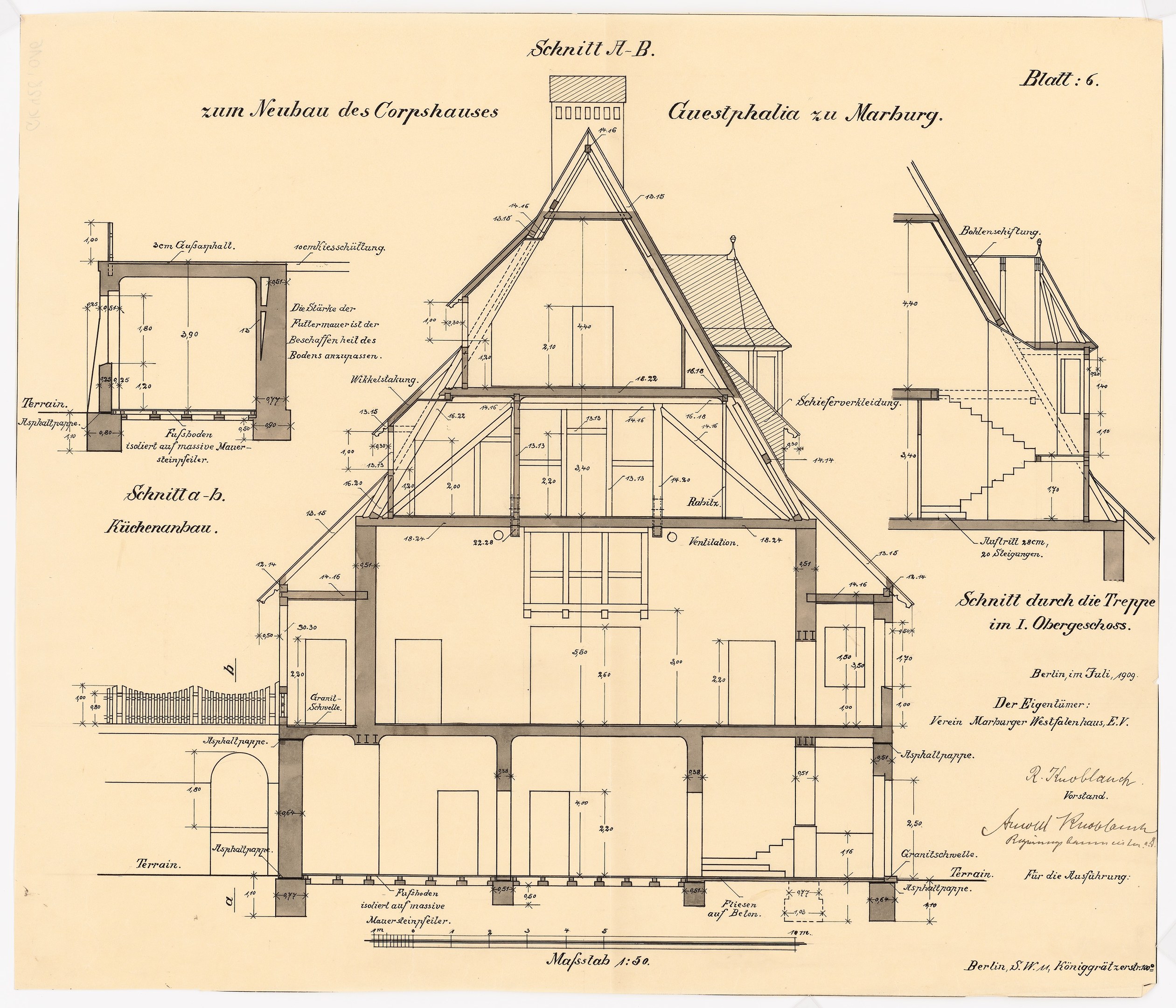 Ein detailliertes architektonisches Zeichnung eines Hauses mit zahlreichen Fenstern und einem Dach, das als erstes Haus in Deutschland gilt, begleitet von Text und strukturellen Plänen auf Papier.