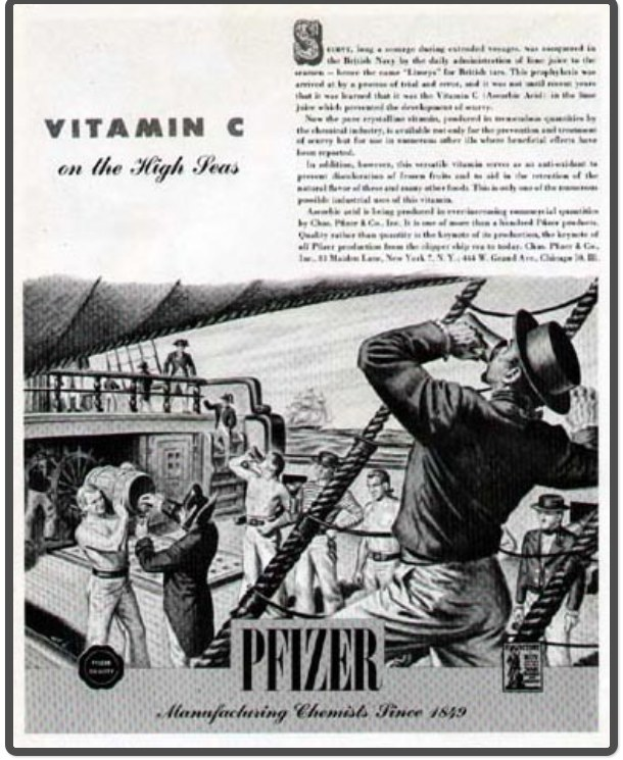 Werbeposter für Pfizer Vitamin C auf einem Schiff, mit Text, Menschen, Seilen und einer Schiffsdarstellung.