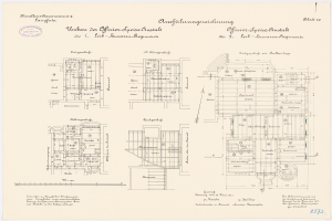 Schwarz-weißer architektonischer Grundriss des ehemaligen Bundeskanzleramts, der detaillierte Layouts und Anmerkungen zeigt.