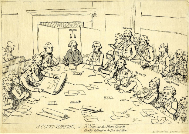 Gerichtssaal-Szene mit Anwälten um einen langen Tisch mit Papieren und Gegenständen darauf, mit Text unten.