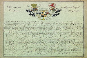 Ein altes Dokument mit einem Wappen, unterzeichnet vom König von Sachsen, mit Text und einem Logo, das die Familie des Königs darstellt.