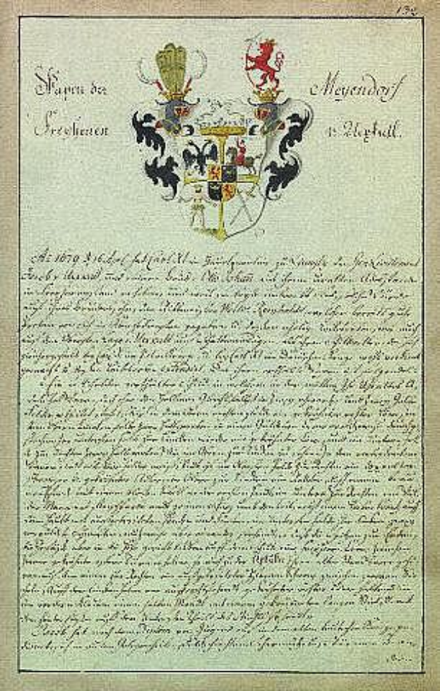 Ein altes Dokument mit einem Wappen, unterzeichnet vom König von Sachsen, mit Text und einem Logo, das die Familie des Königs darstellt.