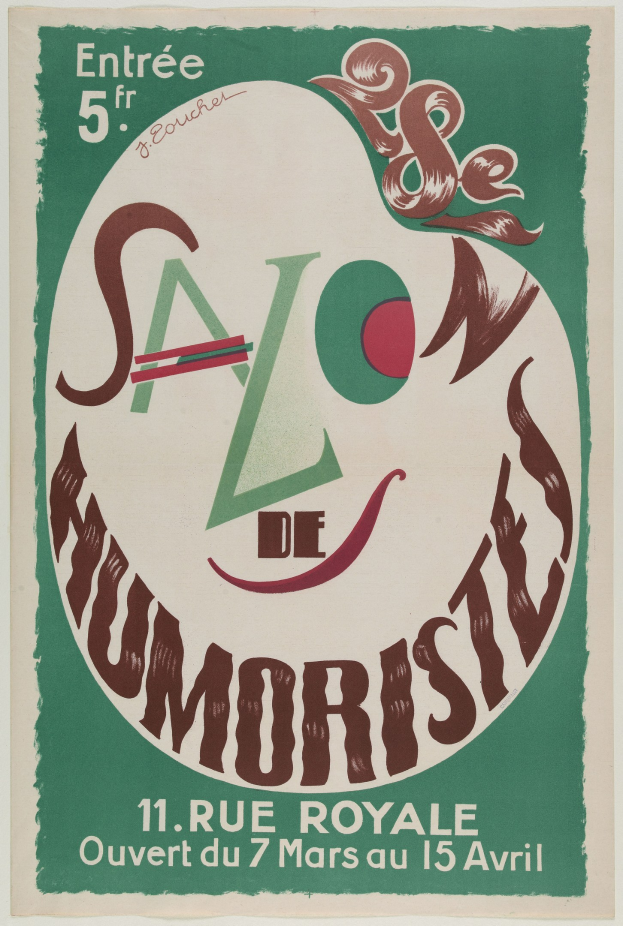 Plakat, das eine Humoristen-Salon-Veranstaltung in Paris, Frankreich, ankündigt und Text enthält, der die Angebote beschreibt.