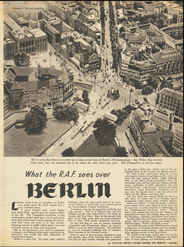Schwarz-weißes Foto einer alten Zeitungsseite mit einem Stadtansicht-Bild, das Gebäude, Bäume und Fahrzeuge zeigt, begleitet von Text.