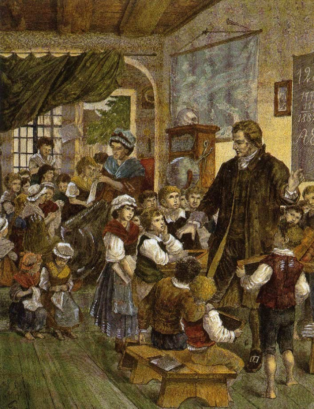 Gemälde mit dem Titel 'Die Lehrerklasse' von William Hogarth, das einen Mann in einem Klassenzimmer mit Kindern zeigt, die auf Bänken sitzen und stehen, sowie eine Tafel, ein Rahmenbild, ein Fenster, einen Vorhang und eine Decke.