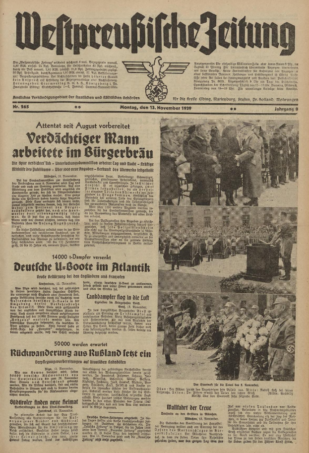 Schwarze und wei├če Titelseite einer deutschen Zeitung vom 13. November 1939 mit der ├ťberschrift 'Weitpreubliche Zeitung' und einem Foto von Menschen in traditioneller deutscher Tracht in einer festlichen Umgebung.