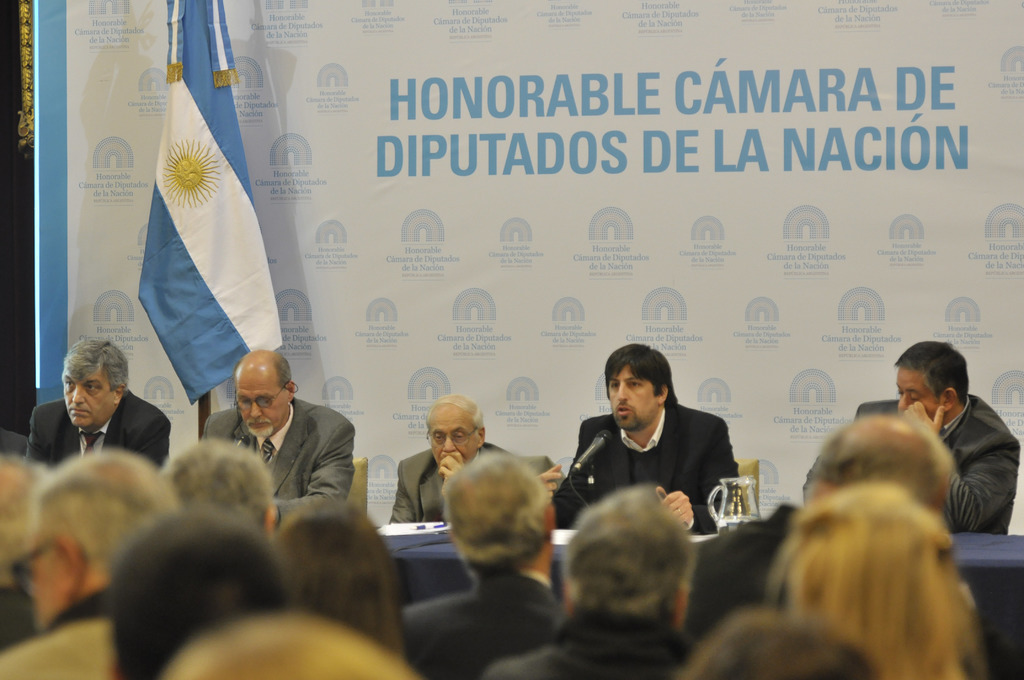 Eine Gruppe von Menschen sitzt in Reihen von Stühlen, mit einem Tisch vor der ersten Reihe, der einen Krug, Papiere und einen Stift enthält. Eine Person in der Mitte spricht in ein Mikrofon, mit einer weißen und blauen Flagge dahinter und einem weißen und blauen Hintergrund, auf dem 'ehrenwerte camara de' angezeigt wird.