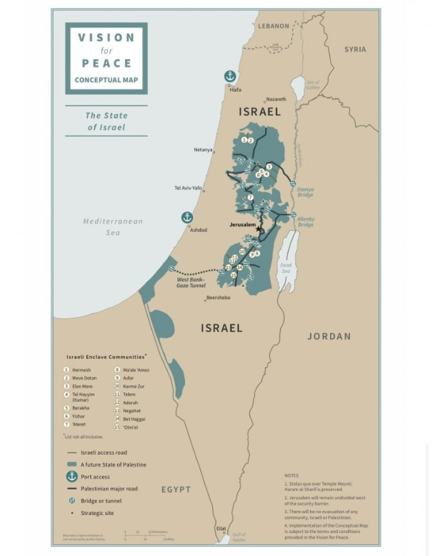Ein Plakat mit der Aufschrift "Vision für Frieden - Konzeptkarte" zeigt eine farbcodierte Karte Israels mit fetter schwarzer Schrift oben.