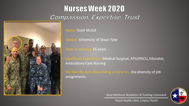 Gruppe von Menschen, die auf der linken Seite lächeln, mit einer Wand und Decke im Hintergrund und Text, der "Nurses Week 2020: Mitgefühl, Expertise, Vertrauen" lautet, mit einem Logo auf der rechten Seite.