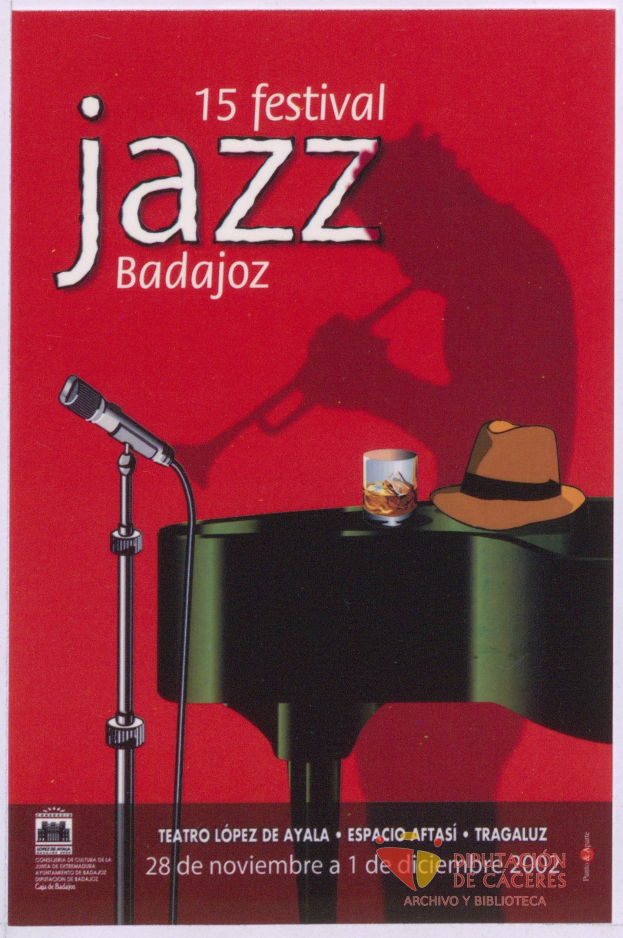Plakat für das 15. Festival Jazz Badajoz mit einem Mikrofon, einem Hut und einem Glas auf einem Tisch mit Text, der Informationen zum Festival enthält.