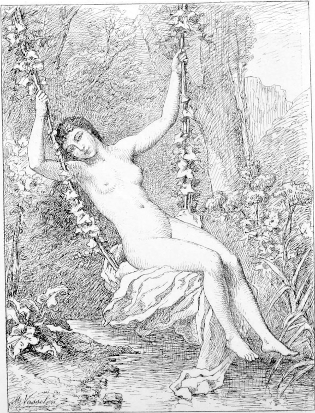 Eine nackte Frau auf einer Schaukel in einem bewaldeten Gebiet sitzend, umgeben von Bäumen und Pflanzen, mit dem Text "Die Vergewaltigung von Adam und Eva" unten, in Schwarz-Weiß.