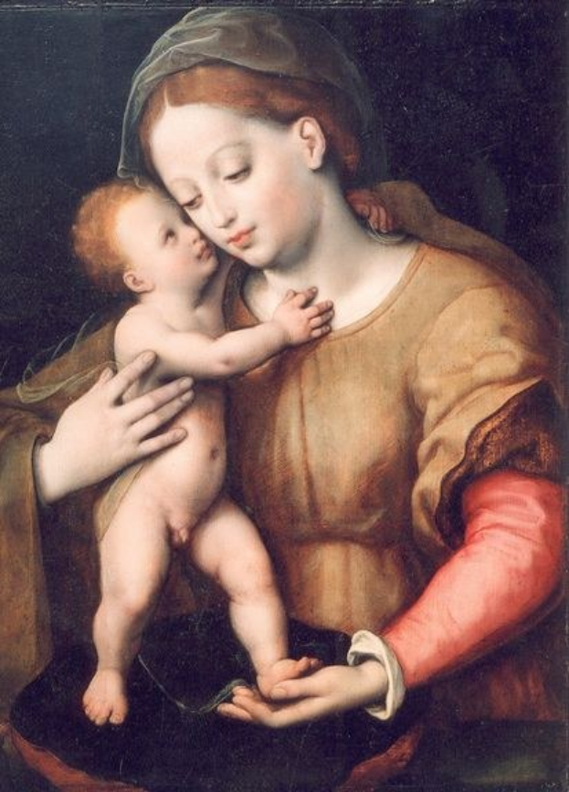 Gemälde 'Madonna und Kind' von Giovanni Bellini zeigt eine Frau in einem weißen Gewand, die ein Baby in den Armen hält, vor dunklem Hintergrund, beide mit sanften Gesichtern.