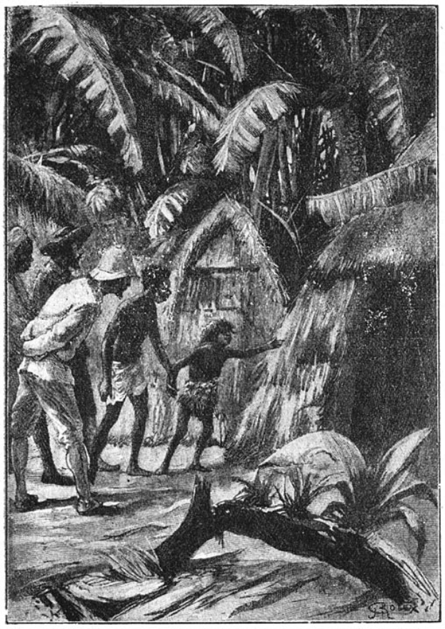 Eine Schwarz-Weiß-Illustration einer Gruppe von Menschen in traditioneller Kleidung, die in einem Kreis in einem Dschungel stehen, mit hohen Bäumen, kleinen Hütten und einem tiefblauen Himmel mit verstreuten weißen Wolken im Hintergrund; der Text unten lautet "Die Geschichte des Dschungels".