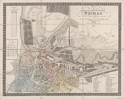 Ausführliche alte Karte von Weimar, Deutschland, mit Straßen, Gebäuden und Sehenswürdigkeiten sowie zusätzlichem Text über die Stadt.