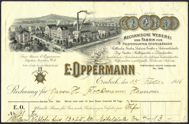 Alte deutsche Banknote mit einer Fabriklustration, mit Text, Zahlen und Abbildungen von Gebäuden, Bäumen und Rauch.