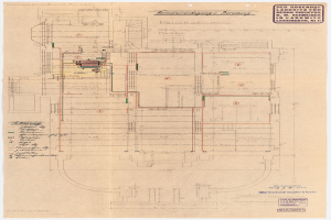 Schwarze und weiße Architekturzeichnung des Rosenhof-Krankenhauses in Hamburg, Deutschland, zeigt detailliertes Layout mit zahlreichen Kabeln und beschrifteten Räumen, Fluren und Merkmalen.