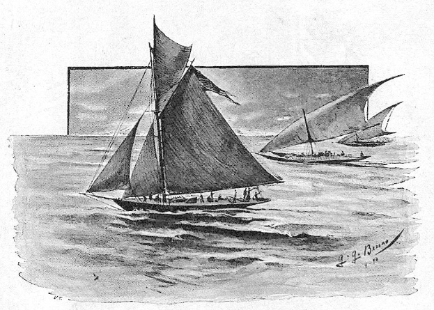 Schwarze und weiße Zeichnung von zwei Segelbooten mit Menschen an Bord, die auf dem Meer segeln, mit der Beschriftung "Das erste Segelschiff des 19. Jahrhunderts" unten.