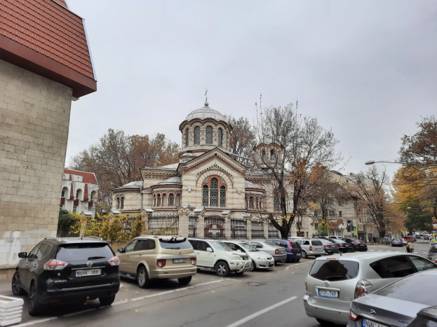 Eine Straße mit parkenden Autos, Gebäuden mit Fenstern, Bäumen, Laternenpfählen und einem bewölkten Himmel, mit einem Fahrzeugkennzeichen im Vordergrund.