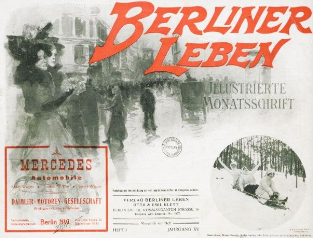 Werbung für ein Mercedes-Benz-Fahrzeug in Berlin, Deutschland, mit einer Gruppe von Menschen, Bäumen, Gebäuden, Text und einem Stempel.