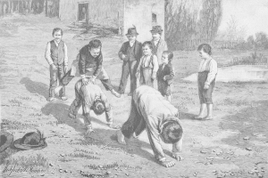 Schwarz-weißes Bild von Kindern auf einem Feld, mit zwei Jungen, die in der Mitte kämpfen, während die anderen zusehen, ein Hut und Text auf der linken Seite.