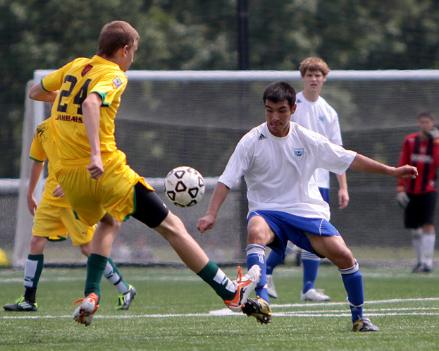 Spieler in gelben und weißen T-Shirts spielen Fußball auf einem Rasenplatz, mit einem Netz, Pfosten und Bäumen im Hintergrund.