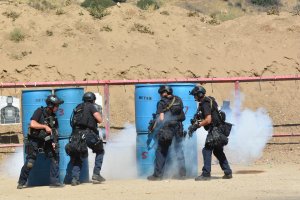 Eine Gruppe von Polizisten in schwarzer Einsatzkleidung, bewaffnet, steht auf einem Feld mit blauen Tonnen, einem roten Zaun, Pflanzen und einem Berg im Hintergrund.