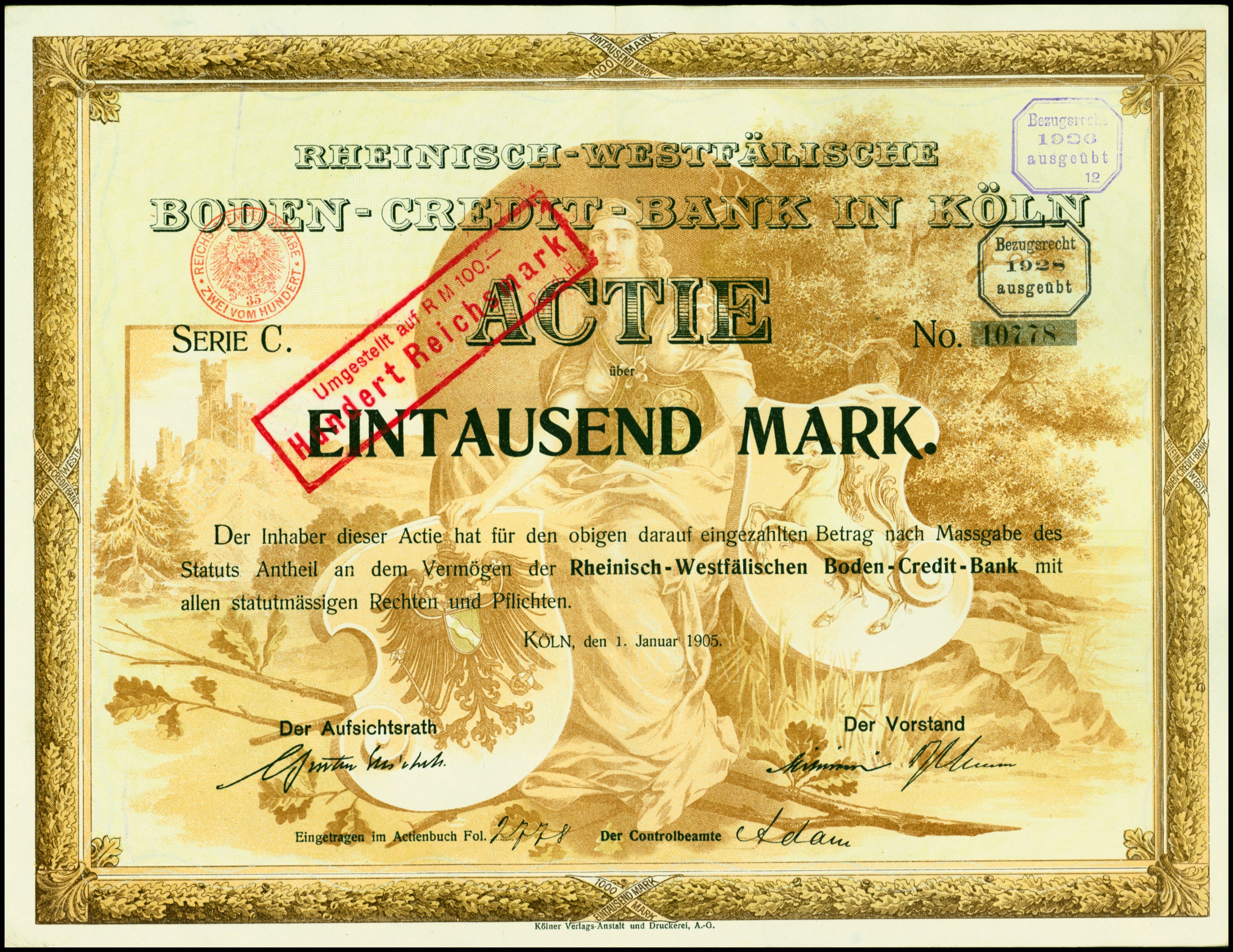 Rahmtes altes deutsches Bankzertifikat mit Porträt eines Mannes im Anzug und Krawatte mit ernstem Gesichtsausdruck, begleitet von Text und einem Stempel.