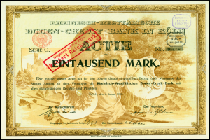 Rahmtes altes deutsches Bankzertifikat mit Porträt eines Mannes im Anzug und Krawatte mit ernstem Gesichtsausdruck, begleitet von Text und einem Stempel.