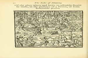 Ein aufgeschlagenes Buch mit dem Titel "Das Buch der Jagd" zeigt eine Zeichnung einer Gruppe von Menschen, die in einer grünen Landschaft mit Bäumen und Bergen jagen.