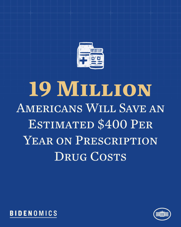 Ein blauer Hintergrund mit weißer Schrift und einem Logo, das "19 Millionen Amerikaner sparen jährlich durchschnittlich 400 USD bei Arzneimittelkosten" lautet.