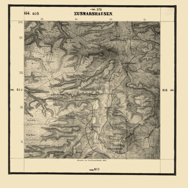 Ein altes topografisches Kartenblatt von Zusmarshausen, Deutschland, mit detaillierten Geländedaten, Text und Zahlen auf Papier.